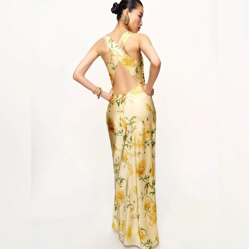 NEW Reformation Anaiis Long Backless Silk Dress Honeyglow Yellow Floral | US 2 - Picture 4 of 15